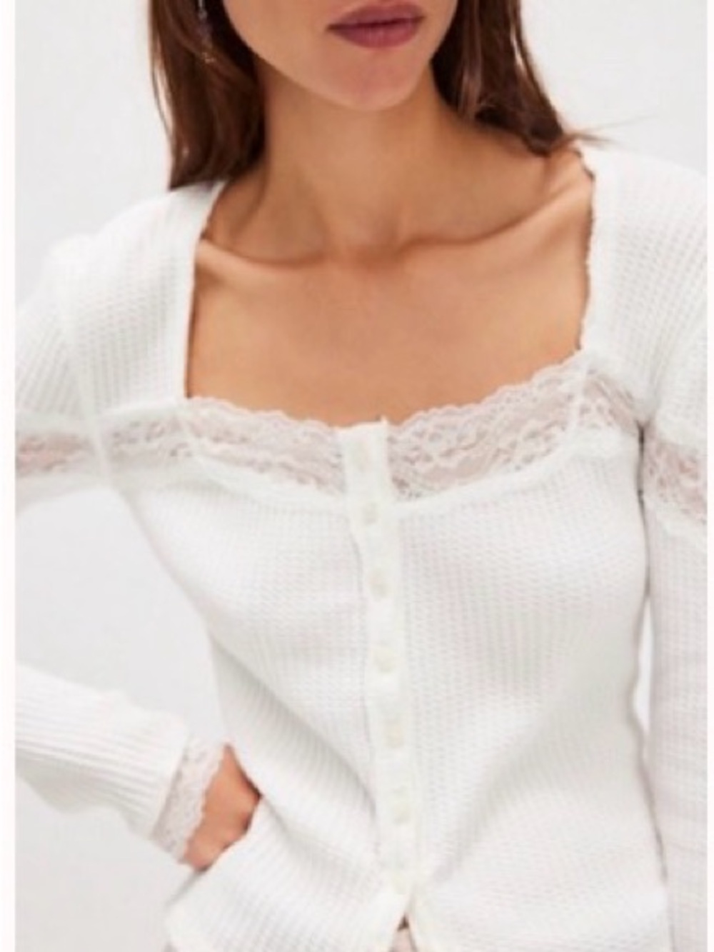 Free People White Lace-Trim Thermal Cardi